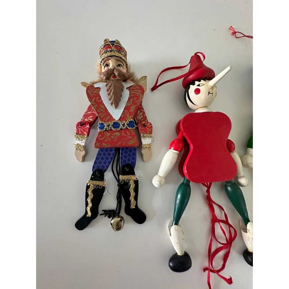 Pull String Wood King Pinocchio Nutcracker Christmas‎ Ornament 3 Pc Painted